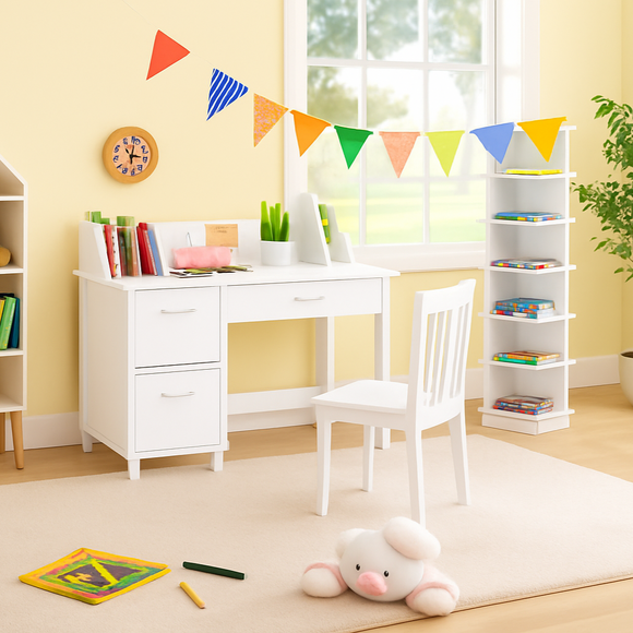 Children's white study desk with storage, drawer, cupboards and a matching chair