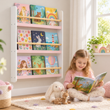 Kids Picture Book Wall Bookshelf |  3-Shelf Children’s Bookcase | White & Pink
