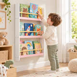Kids Picture Book Wall Bookshelf |  3-Shelf Children’s Bookcase | White & Pink