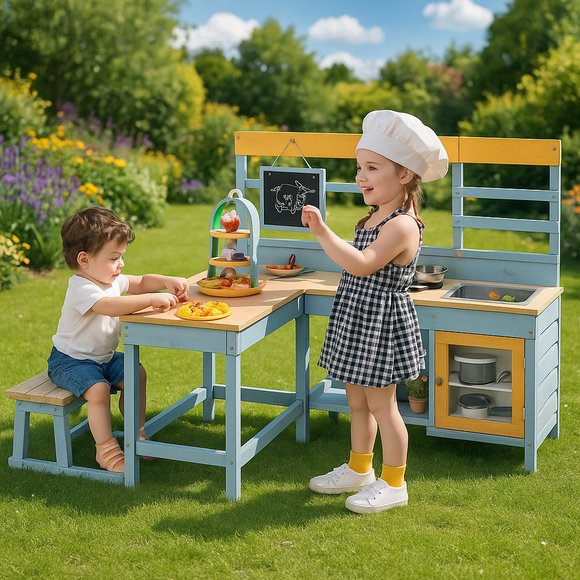Children playing with deluxe wooden Montessori mud kitchen and picnic bench