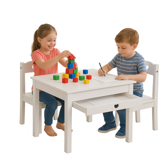Kids Montessori White Natural Wood Table and Chairs complete with Storage Drawer 