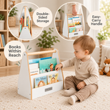 Child choosing a book from white Montessori portable bookcase