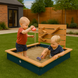 Wooden sandpit with play wall cum sand wall in garden