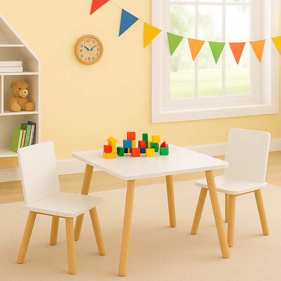 Montessori scandi white & pine table and chairs set