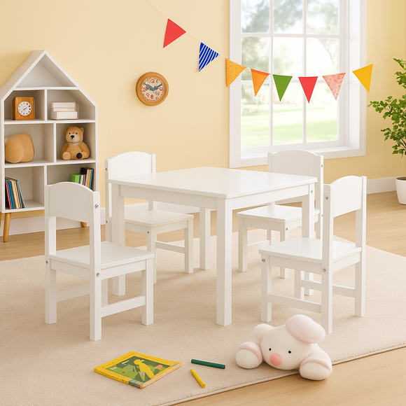 White wooden children’s table and 4 chairs set in playroom, ages 3+