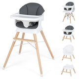 Grey wooden baby high chair with white tray and padded seat for babies aged 6 to 36 months