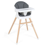 Grey wooden baby high chair with white tray and padded seat for babies aged 6 to 36 months