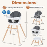 A dimension diagram showing a high chair with labeled measurements for height, width, and depth, plus smaller alternate views and icons for suitable age and weight capacity on a light beige background.