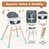 Convertible baby high chair with adjustable dishwasher-safe feeding tray and 5-point safety harness