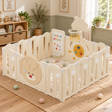 Cream baby playpen with drawing board and deer-themed basketball hoop