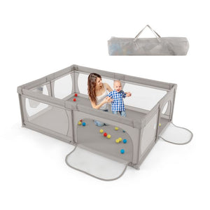 XXL Baby Laufstall und Bällebad mit 50 Bällen & Tragetasche | Atmungsaktives Mesh-Gewebe | 2m x 1,5m | Hellgrau