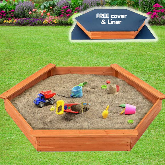 XXL Premium Hexaganol Eco Cedar Wood Montessori Sandpit with FREE Base Liner and Thick Waterproof Cover | 1.86 x 1.63m