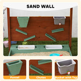 A sand wall and water wall makes up the back of this childrens wooden sandpit, complete with chutes, funnels, a water/sand butt with tap and basins