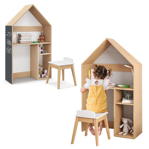 Conjunto de mesa e bancos Montessori 3 em 1 | Estante em formato de casa e armazenamento de brinquedos | Quadro-negro