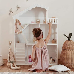 Grande bibliothèque de maison de poupée montessori en bois blanc | rangement de jouets