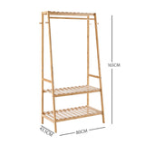 Wooden clothing rack with dimensions on a white background
