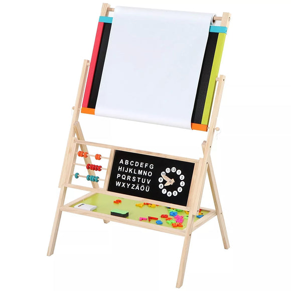 Montessori Wooden Easel |  Magnetic Whiteboard & Blackboard with Clock & Paper Roll  | 3 Years+