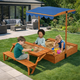 100% Eco Natural  Fir Wooden Sandpit with Seats, Height Adjusting Sun Canopy & Wooden Cover AND Picnic Bench with Sand & Water Tubs