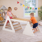 4-in-1 Deluxe Eco Montessori Pikler Triangle, Slide & Climbing Wall | Natural & White