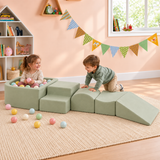 Green five-piece soft play climbing set with rectangular ball pit