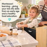 Three-year-old girl baking in a height-adjustable FunPod kitchen learning  tower