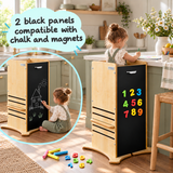 Toddler drawing with chalk on the Little Helper FunPod chalkboard panel