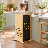 Little Helper FunPod toddler kitchen helper tower in natural wood with magnetic blackboard panels
