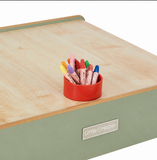 Sage green children’s table and two chairs for drawing and play