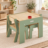 Natural wood effect toddler table with two sage green chairs