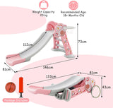 Primer tobogán plegable 3 en 1 | Juego de tobogán para escalador de jardín y aro de baloncesto | Rosa 