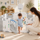 Toddler walking through the open car-shaped playpen gate with mum beside them