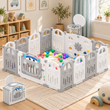 Grey and white 14-panel folding baby playpen with basketball hoop in a neutral playroom