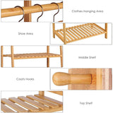Bamboo clothes rail with clothes hanging area, shoe area, middle shelf, coats hooks, and top shelf.