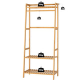 Bamboo freestanding clothes rail with weight indicators on a white background