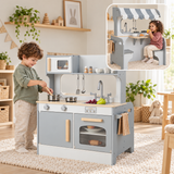 Double-sided grey play kitchen showing the cooking area and diner with two seats.