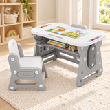 Grey kids table and chair set with adjustable height and whiteboard