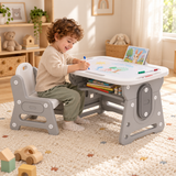 Children’s grey activity desk with matching chair and book support