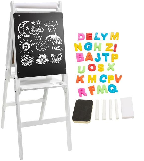 Height Adjustable Montessori Double Sided Wooden Easel | Magnetic | Whiteboard, Magnets & Chalk | Paper Roll | White | 1.07m high | 4-10 Ages