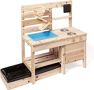 Montessori umweltfreundliche natürliche 3-in-1-Schlammküche aus Holz | Sandkasten | Wasserwand | Spielzeugküche | 18m PLUS