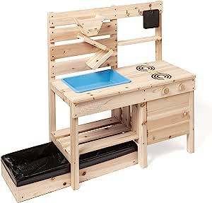 Montessori Eco Friendly Natural 3-in-1 Wooden Mud Kitchen | Sandlåda | Vattenvägg | Leksakskök | 18m PLUS