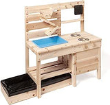 Montessori Eco-vriendelijke natuurlijke 3-in-1 houten modderkeuken | Zandbak | Watermuur | Speelgoedkeuken | 18m PLUS