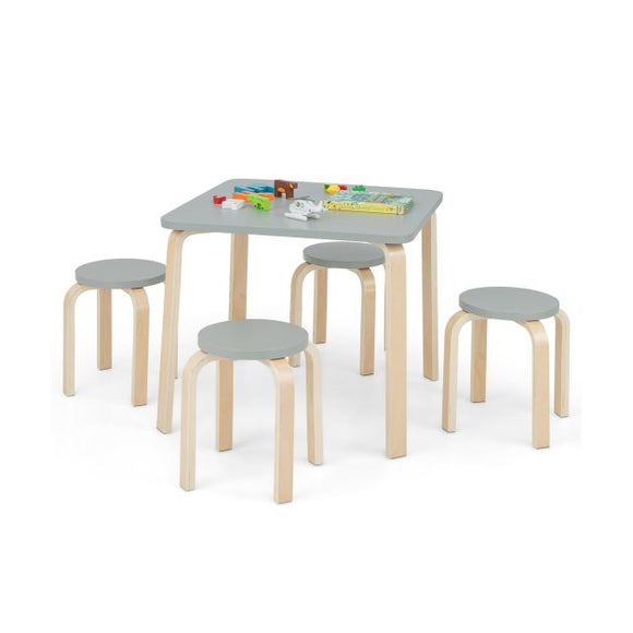 Children's Eco Birch and Poplar Wooden Table & 4 Stackable Stools Set | Space Saving | Grey