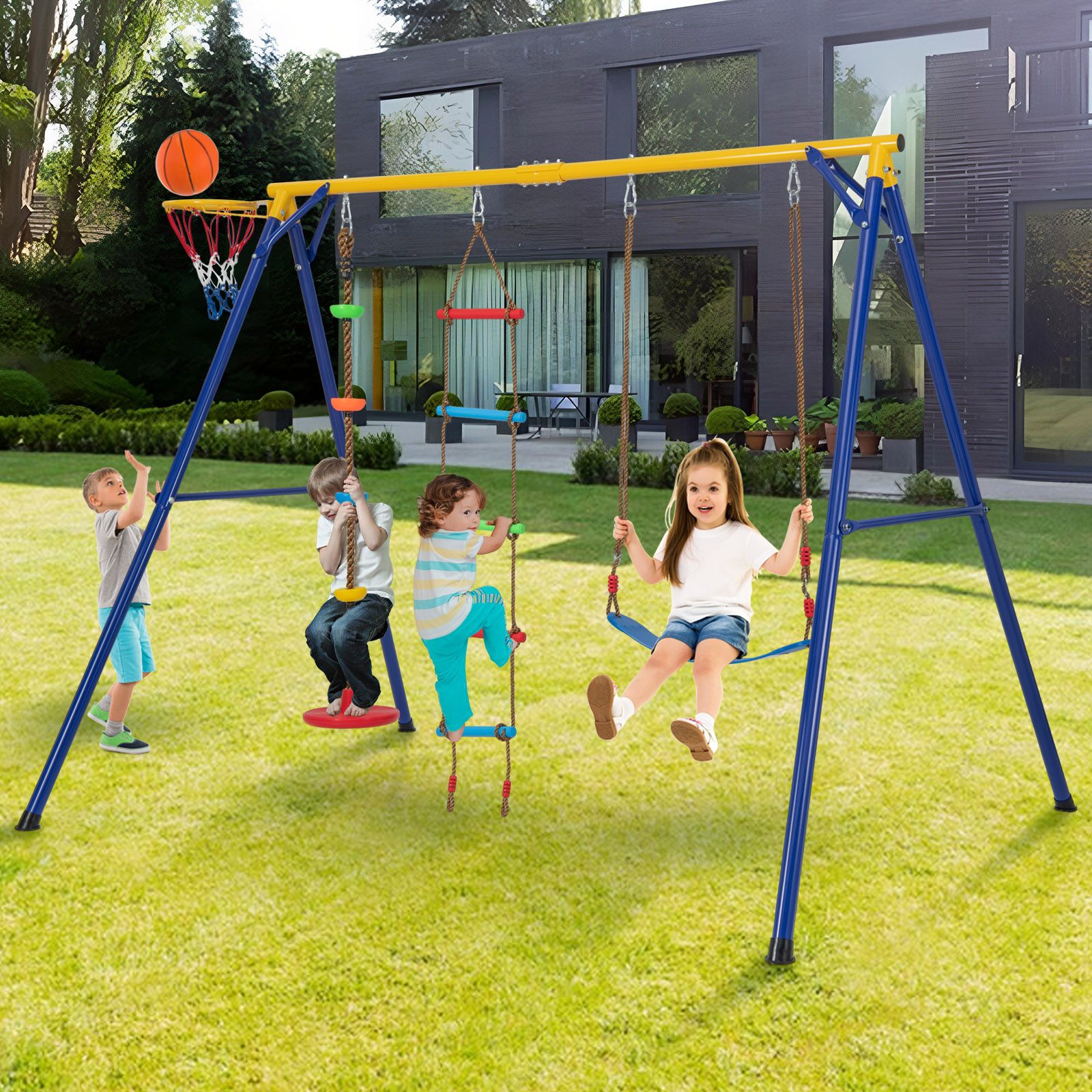 4-in-1 Heavy Duty Swing Set with 1 Basketball Hoop and 1 Adjustable Be ...