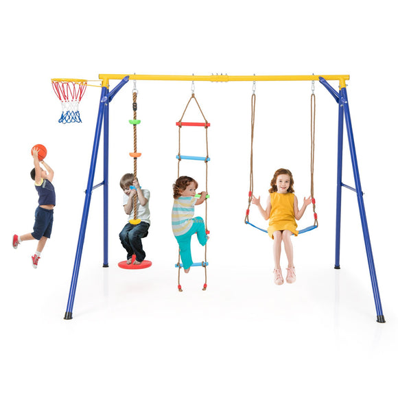 Heavy Duty Swing Set with 1 Basketball Hoop and 1 Adjustable Belt Swing