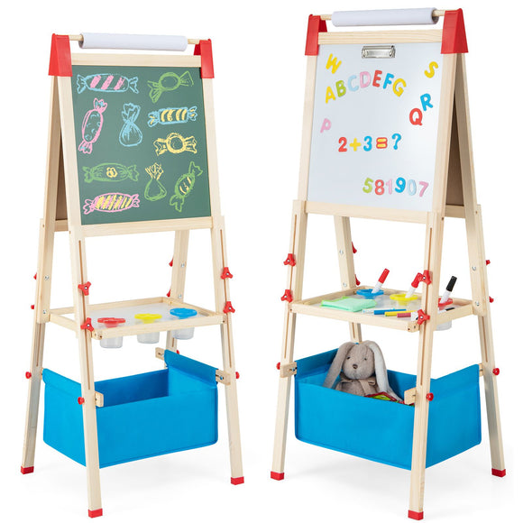 3-in-1 Kids Height Adjustable 2-Sided Wooden Art Easel | Magnetic Whiteboard & Blackboard | 3-8 Years