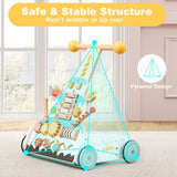 Toy with pyramid design for stability, featuring wheels and colorful elements