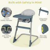 A high chair with a gray seat and tray, shown on a pale beige background with feature callouts and text including 'Built with Safety in Mind,' '3-Point Safety Harness,' 'Integrated Footrest,' 'Anti-falling Barrier,' and 'Non-Slip Foot Pads.'.