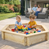 Kids Extra Large Hexaganol Eco FSC Nordic Spruce Wooden Sandpit with Base Liner and Optional Waterproof Cover | 1.37 x 1.19m