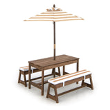  This activity table and chair set can be used outside when the sun is shining, or the umbrella could be removed and this can be brought inside.