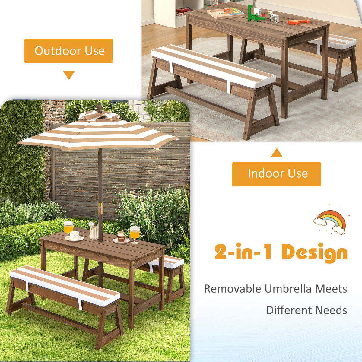 Children’s Picnic Bench with Removable Cushions & Umbrella www